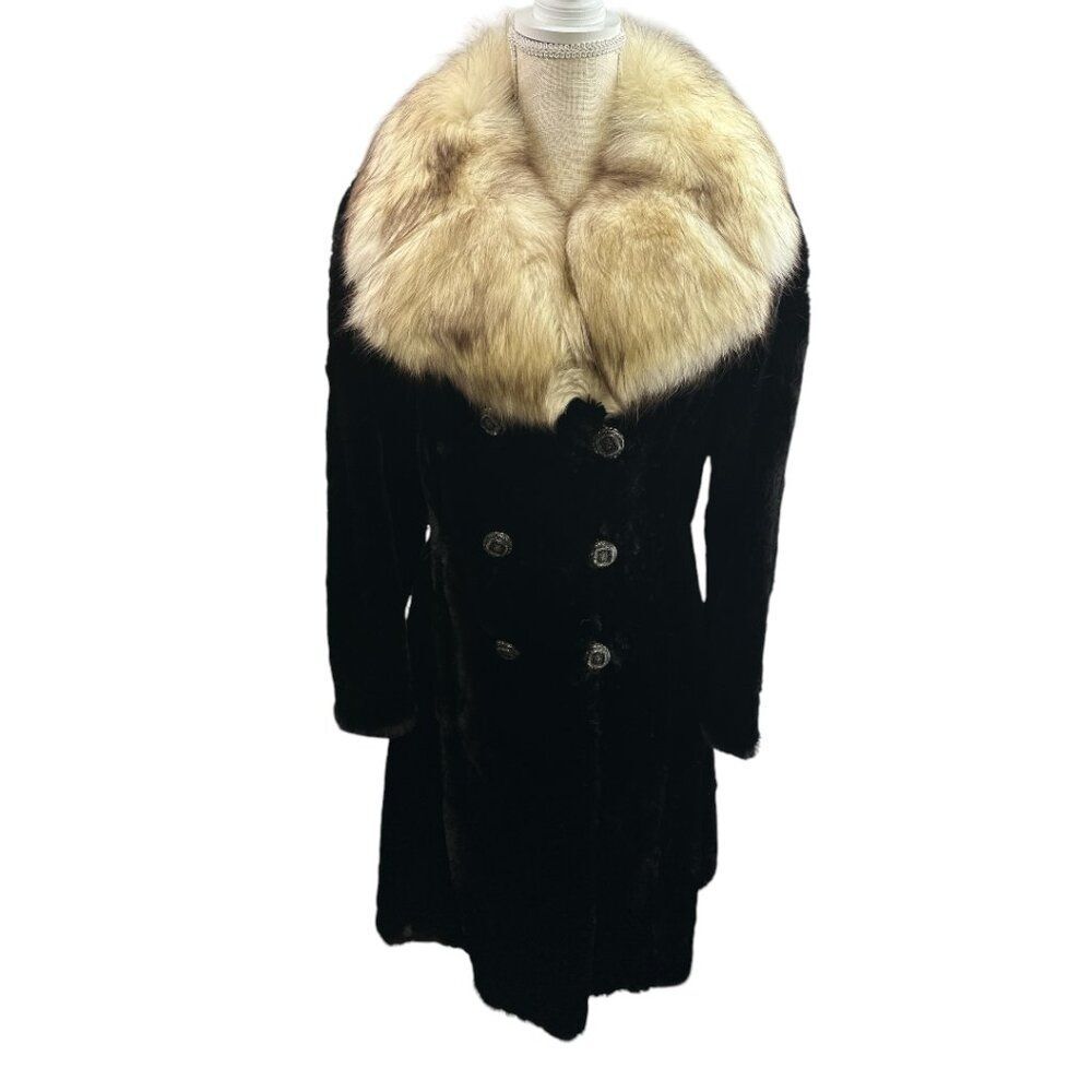Vintage Unbranded Fur Coat Black Beige Collar Button Front Long Sz S/M **Flaws